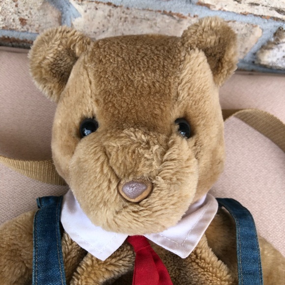 Vintage Unisex Teddy Bear in overalls Red Tie Kids Teddy Plush Backpack - Picture 2 of 16
